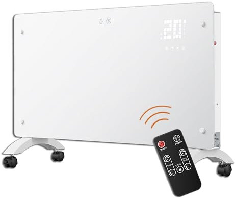 DONYER POWER 2000W Convector Heater, Ultra-thin Wall-mounted or Freestanding, Remote Controlled, 24H Timer Ultra-white Glass Panel