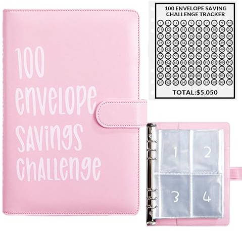 AASLOB 100 Envelopes Money Saving Challenge, 100 Envelope Challenge Binder, Easy and Fun Way to Save $5,050, Savings Challenges Budget Book Binder with Cash Envelopes for Office,Home,School (Pink)