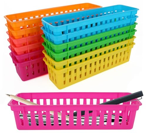 Oungy Lot de 24 paniers de rangement pour crayons de salle de classe, 25 x 7 x 6 cm, paniers de rangement en plastique, 6 couleurs pour salle de classe, bureau, tiroir, bureau