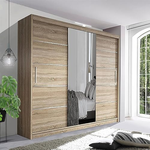 German Sliding Wardrobe Contemporary Bedroom Sliding Wardrobe with LED Light - Spacious and Stylish Design comes in White/Grey/Black/Oak and Width 120cm/150cm/180cm/203cm/250cm (Oak, 250cm)
