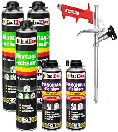 Isolbau Bauschaum-Set - Inkl. 3 x 1K Montageschaum B2 Pistolenschaum mit hervorragender Schall und Wärmedämmung (je 750 ml), 2 x PU-Schaum-Reiniger (500 ml) & 1 x Schaumpistole, Abdichten