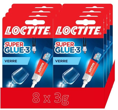 Super Glue-3 Vidrio, pegamento potente para enlaces de vidrio sobre vidrio, pegamento líquido resistente al agua y a los detergentes, transparente (8 x 3 g)
