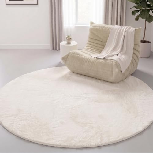 Interiyou Fargo - Teppich Wohnzimmer 80x80 cm Rund Creme - Kurzflor Waschbar und rutschfest - Flauschiger Fellteppich aus Kunstfell - weicher Langflor Fell