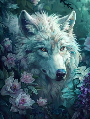 AMBATTERY Knüpfkissen Weißer Wolf Und Blumen Tapisserie Teppich Knüpf-Sets Kreuzstich Set Knüpfen Set Für Erwachsene DIY Handwerk Geschenke Fußabtreter 31x45in