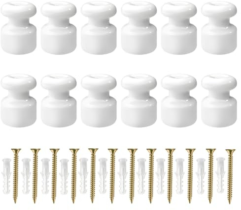 QuirkLz 12 Pezzi Isolatori in Ceramica per Cavo Elettrico Tessile – Isolatori per Cavi Trecciati, isolatori in ceramica vintage, Ø18mm, Bianco Lucido, inclusi viti e tasselli di ancoraggio