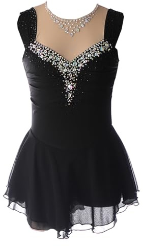 CHAGMEA Damen Professionelle Eiskunstlauf Wettbewerb Kleider Weiß Ärmellos Strass Dame Gymnastik Activewear Wettbewerb Training Athletic Weiblich,Schwarz,XXL