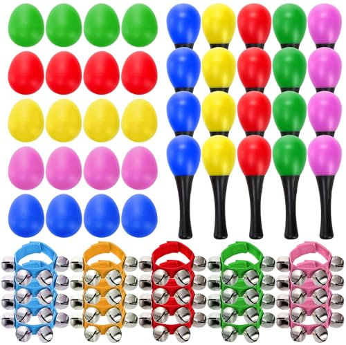 Cididu 60 Pcs Shaker Musical Instruments, 20 Pcs Kids Egg Shaker with 20 Wrist Hand Band Bells and 20 Sand Hammer Shakers, Kids Music Early Learning Percussion Toy, for Music Lovers