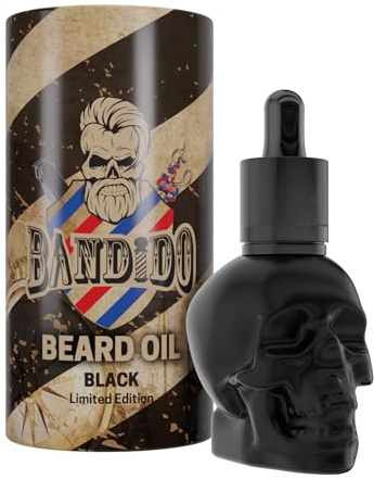 BANDIDO Beard Oil 40 ml - Bart öl im Totenkopf Design für Männer - Barbershop Bartpflegeöl mit Pipettenständer | Serum für 3-Tage-Bart oder Vollbart | Styling Bart öl Geschenke für Männer - Schwarz