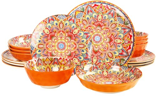 jinsongdafa Mandala Dinnerware Sets (16 PCS) Serves for 4, Buffet Dinnerware, Boho Plates and Bowls Set with 8.3 salad Plate 8.6/10.6dinner Plate 6.4 bowl, apply Indoor Outdoor Dining