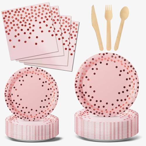 Nkaiso 144 Piezas Rosa y Rosaoro Vajilla Fiesta Cumpleaños,Papel Platos Cumpleaños Infantil, Juego de vajilla para Fiestas Platos Servilletas Cubiertos para Baby Shower Aniversarios -24 Invitado