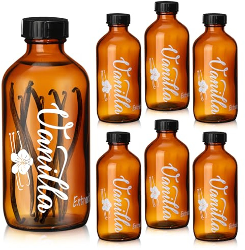 Suclain Paquete de 6 botellas de extracto de vainilla, botella de vidrio ámbar, botellas redondas Boston con tapas, serigrafía marrón de alta temperatura para regalo de jarabe, recipiente de