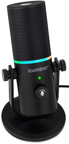 SoundBeast Firebird - Micrófono USB con control de volumen, modo de reducción de ruido, iluminación RGB, conector para auriculares, para juegos, podcasting, canto, producción de video y más, para