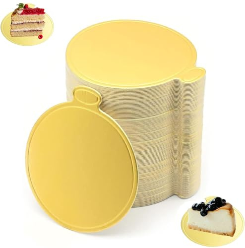 Ruikcoll 100pcs Gold Round Mousse Cake Board, 3.5 Inch Thickened Reusable Gold Mini Cake Dessert Display Tray, Birthday Party Wedding Christmas Cake Base