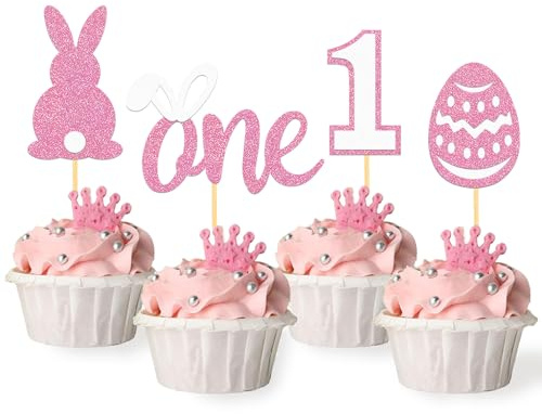 24Pcs Easter 1st Birthday Cupcake Toppers, Easter One Cupcake Topper for first Birthday Decorations Baby Shower Decorations(1st pink)