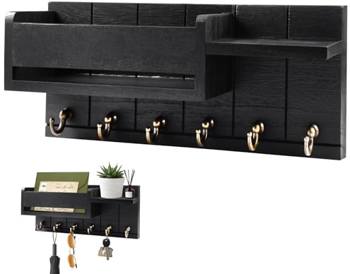 Orixo Porte Clef Mural, Plaque à Clé en Bois avec éTagère avec 6 Crochets, Accroche Clé Mural Peu Encombrant pour Enveloppes, Livres, Plantes en Pot, Parfum, Clés Suspendues, Vêtements, Sacs, Noir