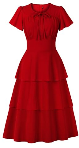 Wellwits Women’s Keyhole Tie Flare Swing Layer Party Vintage Dress