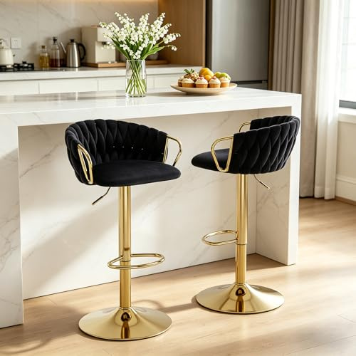Chummaven Samt Barhocker 2er Set geflochtene Küchenhocker Schwarz Gold | höhenverstellbar, drehbar, gepolstert, Armlehnen Lehne Fußstütze Metallgestell, moderne Tresenhocker für Kücheninsel Hausbar