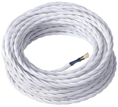 LEDSone 3 Core 10 Meters / 32.8FT White Braided Cable, 3 Core Electrical Cable, Vintage Flex Twisted Fabric Electrical Wire for DIY Lamps Industrial Pendant Lights Lighting Appliances - White