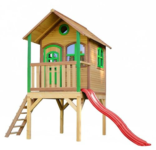 AXI Spielhaus Laura mit rote Rutsche | Stelzenhaus in Braun & Grün aus FSC Holz für Kinder | Spielturm mit Wellenrutsche für den Garten
