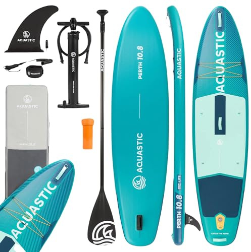 AQUASTIC Perth 10'8 Sup Board Set – Juego Completo con Remo, Asiento de Kayak, Correa de 300 cm, Bomba, Mochila, Drop Stitch Lite, Estable y Resistente, para Principiantes y avanzados