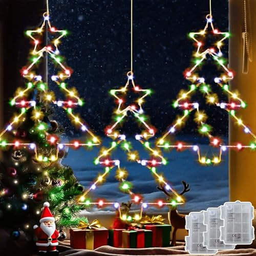 Joycome Decorazioni Natalizie per Esterno 3 Pezzi 55 LED Luci Albero di Natale per Finestre, Luci Natalizie da Esterno con Timer, Sospese Albero di Natale per Esterni da Interni - Colore