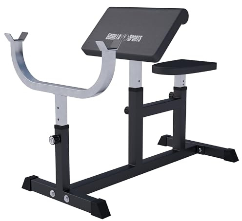 GORILLA SPORTS® Curlbank mit Curlpult, 5-fach verstellbar, bis 200 kg | Mit Sitz, Hantelablage, gepolsterter Armauflage und rutschfesten Füßen für Bizepscurls, Scottbank in Schwarz/Weiß