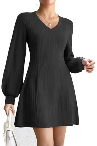 Zeagoo Ladies Dresses Long Sleeve V Neck Jumper Dress Elegant Lantern Sleeve Cable Short Dress Autumn Black S