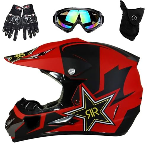Casco de Motocross Dot para JóVenes Y Adultos con Gafas, Guantes Y MáScara, Hebilla de LiberacióN RáPida, Visera Ajustable, ATV, BMX, MX Quad, Todoterreno(L(56-57cm))
