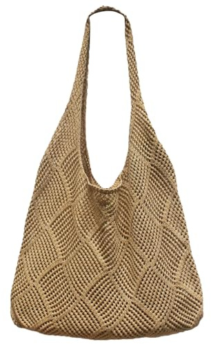 JSTHHTT Strandtasche Damen, Handtasche Damen Große, Vintage Umhängetasche, Netz Stricktasche, Geräumige Shopping Bag, für Reisen Einkaufen und Alltag (Khaki)