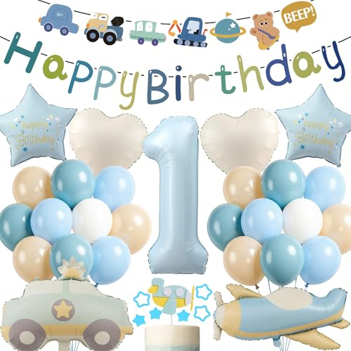 Tasoraor Deko 1. Geburtstag Junge Blau - Happy Birthday Banner Girlande und XXL Auto Flugzeug Luftballon, Zahl und Stern Herzform Folienballon Tortendeko für Kinder Geburtstagsdeko 1 Jahr Jungen