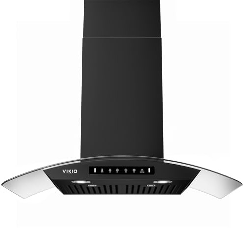 VIKIO HOME Black 30 inch Wall Mounted Range Hood Glass 900 CFM, Stainless Steel Kitchen Hood Vent with Gesture/Touch Controls, 3-Speed ​​Exhaust Fan and Stainless Steel Baffle Filter, 2 LED Lights