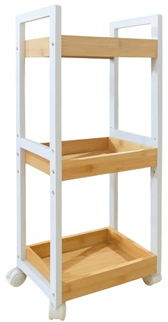 Relaxdays Rollwagen, 3 Fächer, Bambus, HBT: 80x30x20 cm, Bad & Küche, MDF, schmaler Nischenwagen, Trolley, Natur/weiß
