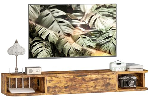 HOMCOM 120 cm Floating TV Unit, Wall Mounted TV Stand Cabinet with Flip Drawer, 2 Open Shelves and Cable Management, Modern Media Console for Living Room, Holds Television up to 50 Inch, Rustic Brown