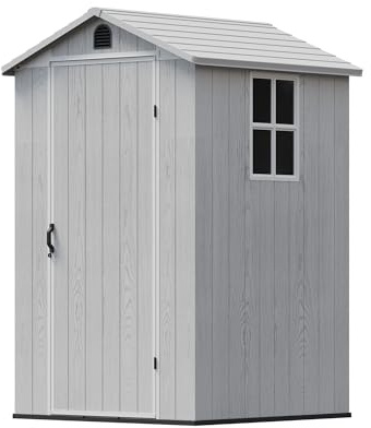 Devoko 4x4 Gartenhaus 2,3m³, Kunststoff Gerätehaus mit Boden, Geräteschuppen mit Abschließbar Tür, Wetterfest für Garten, Hellgrau