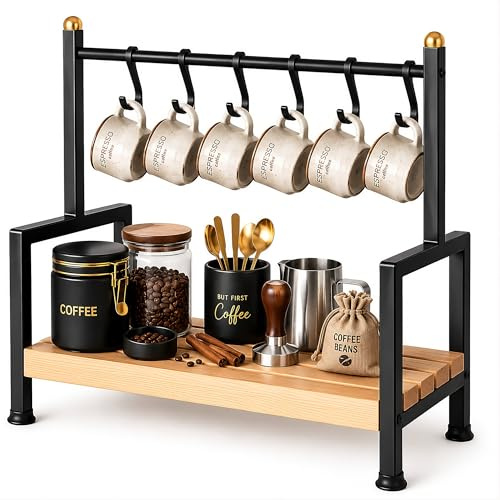 Wonnika Tassenhalter Stehend, Kaffee Organizer, Küchen Organizer aus Metall & Holz mit 6 Haken, Küchenregal für Arbeitsplatte mit Holzablage, Schwarz/Naturholz, 40×38×22 cm – für Küche, Zuhause, Büro