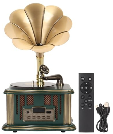 Tocadiscos Bluetooth inalámbrico con altavoz gramófono, tipo C, recargable, nostálgico, radio FM vintage para teléfonos celulares, tabletas, portátiles