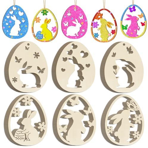 36 Stück Holzanhänger Ostern Basteln Kinder, Holz Ostereier Osterhase zum Bemalen,DIY Ostereier Hasen Blume Basteln zum Bemalen Holz Anhänger für Kinder(Bunny)