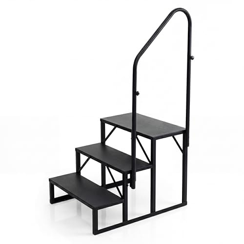 GYMAX 3-stufige Wohnmobil-Stufen, Wohnmobil-Treppe mit Handlauf & breite rutschfeste Plattform, tragbare Trittstufe aus Metall bis zu 300 kg belastbar, Outdoor Stufenleiter für Whirlpool & Veranda