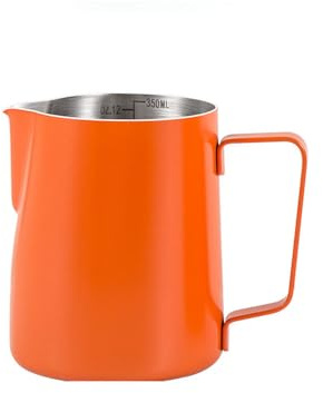 350ml/12oz Milk Frothing Pitcher Jug, Barista Style Metal Measuring Cup 304 Stainless Steel with Measuring Scale for Coffee, Latte and Milk, Steady Pour Lip and Measuring Scale, Orange