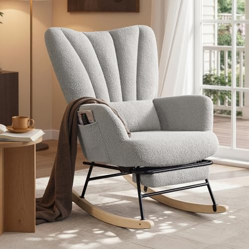 SONGMICS Schaukelstuhl, Relaxsessel, ausziehbare Fußstütze, Schaukelsessel, abnehmbares Kissen, Seitentaschen, Holzbeine, Fleece, für Schlafzimmer, Wohnzimmer, Taubengrau LYY018G101