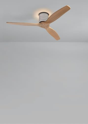 CREATE / WIND CALM CUSTOM RATTAN/Ventilatore da soffitto rattan nero pale legno chiaro con telecomando / 40W, Silenzioso, Ø132 cm, 6 velocità