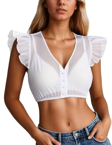 Generisch Oktoberfest Dirndl da donna a maniche corte, abito da birra, costume da palcoscenico, canotta con maniche a rete, scollo a V, per feste e matrimoni, bianco, M
