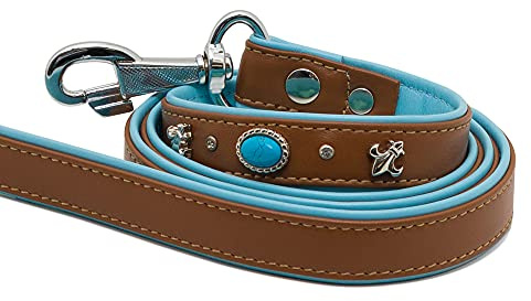 MICHUR Nizza Lagune Leine, Hundeleine Leder, Lederleine Hund, PASSEND ZUM Halsband Nizza, Brown Blau, Leder, mit Lilien,Strasssteinen und großem Kristall