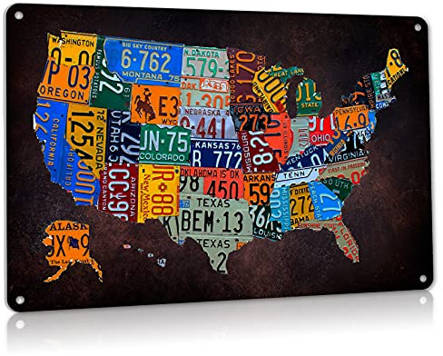 ALREAR Vintage Plaque Poster Garage Bar Home Wall Decor, USA Map Route 66 License Plate Metal Sign Aluminum 8x12 inches