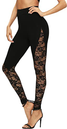 Tomwell Damen Legging Sexy mit Spitzen High Waist Yoga Hose Sweathose Push Up Jogginghose Elastisch Bequem Fitnesshose Gym Workout D Schwarz XL
