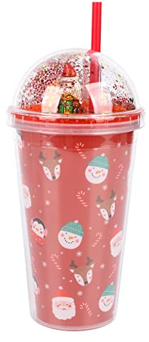 TSLBW Christmas Water Tumbler Snowman Christmas Tree 3D Pattern Design Glitter Double Walled Cup with Straw and Lid Reusable BPA Free Drinking Tumbler Cup for Xmas Party Girls Boys Gifts 450ml (C)