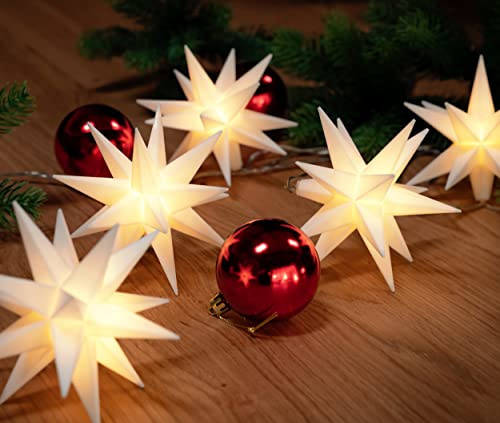 3D Leuchtstern Lichterkette mit 10 LED-Sternen, ca. 6,75m + Zuleitung, für Innenbereich und Außenbereich, warm-weiß beleuchtet, Timerfunktion (weiß, 10er Stern-Lichterkette (Netzstecker))
