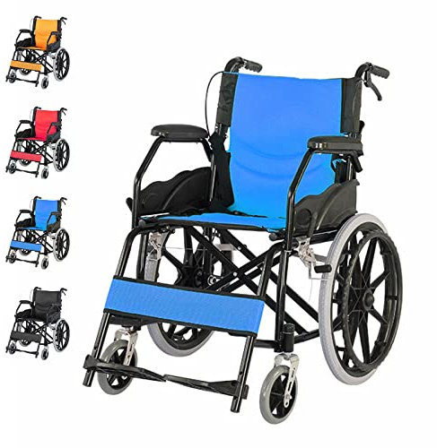 Bueuwe Leicht Faltbar Rollstuhl mit Trommelbremse, Reiserollstuhl für Behinderte, Leichtgewicht Schmal Rollstühle mit Selbstantrieb, Belastbarkeit 150 kg, Sitzbreite 44.5 cm,Blau