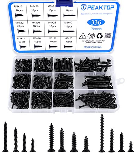 336 Selbstschneidende Schrauben Edelstahl Senkkopf, M3 M4 M5 Holzschrauben Set, Schrauben Sortiment Kit, Schwarz Kreuzschlitz Schraube, Edelstahlschrauben Flachkopf für Holz Kunststoff Weichmetall
