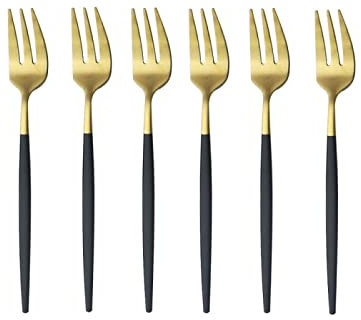 Aggert 6-teiliges Dessertgabel-Set, Schwarz/Gold, Edelstahl, Spülmaschinenfest, Gabel, Küchengeschirr, Geschenk, Party, Restaurant, Camping